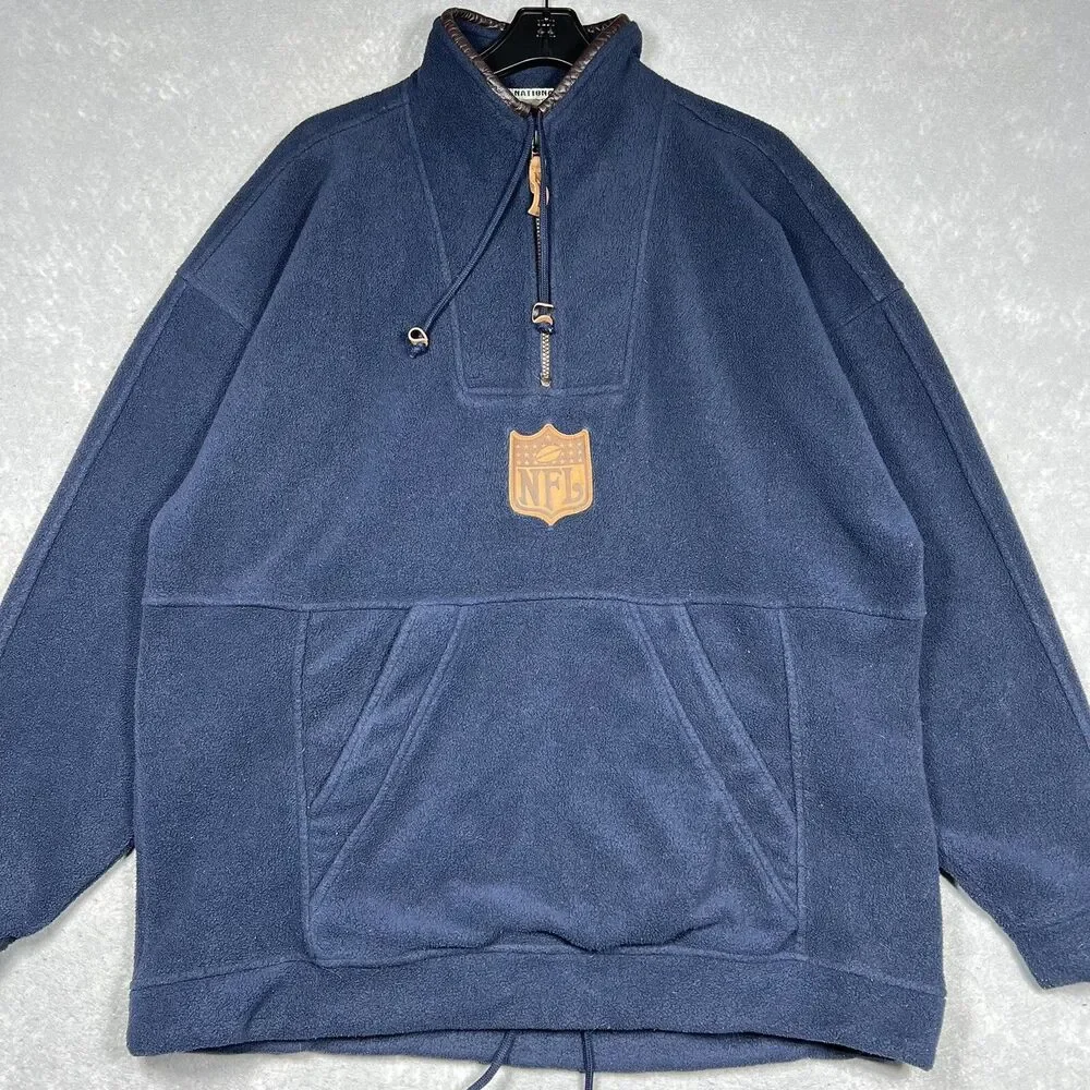 VTG NFL Sweatshirt Mens XL Navy 1/4 Zip Embroidered Fleece Plaid Lined Sweater